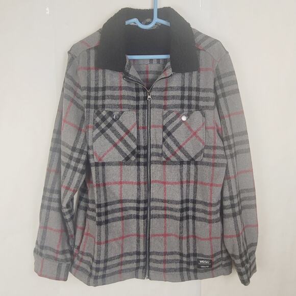 WESC grey plaid flannel sherpa collar shirt jacket Size Men L Women XL Cabincore - Picture 1 of 9